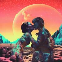 beijo amante ficção universo planeta estrangeiro colagem retro ácido futurista ilustração página de recados foto