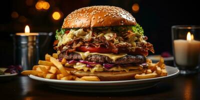 grande hamburguer queijo profissional estúdio Comida fotografia social meios de comunicação elegante tecido moderno de Anúncios foto