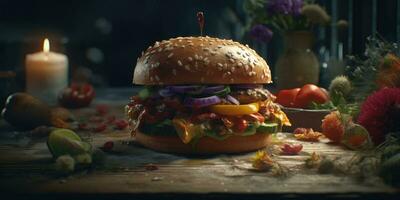 grande hamburguer queijo profissional estúdio Comida fotografia social meios de comunicação elegante tecido moderno de Anúncios foto