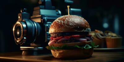 grande hamburguer queijo profissional estúdio Comida fotografia social meios de comunicação elegante tecido moderno de Anúncios foto