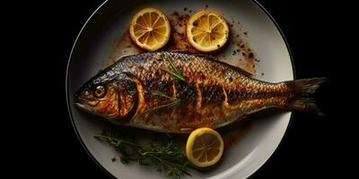 frito peixe limão profissional estúdio Comida fotografia social meios de comunicação elegante tecido quente moderno de Anúncios foto