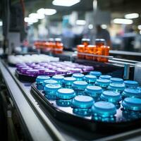 remédio pílulas jarra frasco Produção fábrica área de trabalho máquina robô mecânico transportador foto