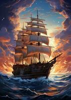 mar tempestade navio lua sonhadores fantasia mistério tarot ilustração arte tatuagem poster cartão noite foto
