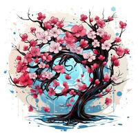 sakura árvore cereja brincalhão ilustração esboço colagem expressivo obra de arte clipart pintura foto