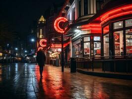 mulher caminhando com confiança através a vibrante néon aceso ruas ai generativo foto