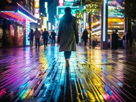 mulher caminhando com confiança através a vibrante néon aceso ruas ai generativo foto