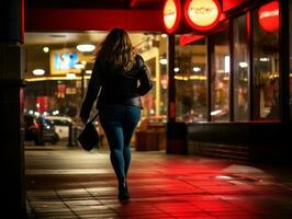 mulher caminhando com confiança através a vibrante néon aceso ruas ai generativo foto