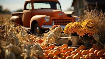 abóbora colheita outono temático decorações e clássico caminhão - generativo ai. foto
