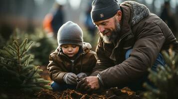 jovem pai e filho plantio Natal árvores às a árvore Fazenda. generativo ai. foto