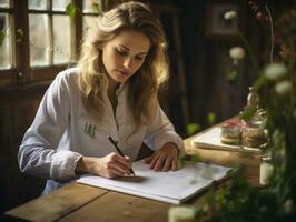 fêmea médico cuidadosamente examina uma paciente dentro dela escritório ai generativo foto