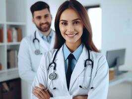 fêmea médico cuidadosamente examina uma paciente dentro dela escritório ai generativo foto