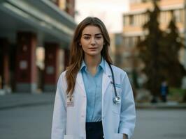 fêmea médico cuidadosamente examina uma paciente dentro dela escritório ai generativo foto