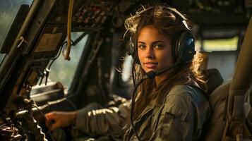 fêmea militares helicóptero piloto dentro a cockpit - generativo ai. foto