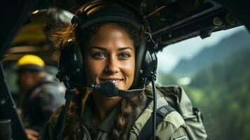 fêmea militares helicóptero piloto dentro a cockpit - generativo ai. foto