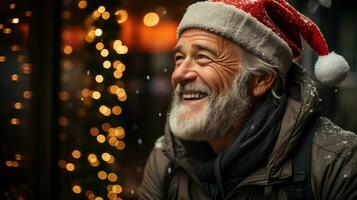 feliz meia idade homem com branco barba vestindo uma santa chapéu e casaco desfrutando a Natal festividades. generativo ai. foto