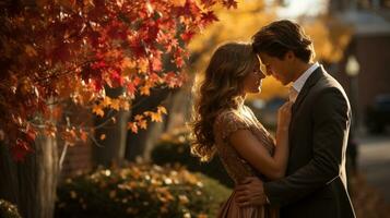 afetuoso casal abraços dentro a parque em uma lindo outono dia - generativo ai. foto