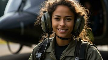 fêmea africano americano militares helicóptero piloto em pé perto dela aeronave - generativo ai. foto