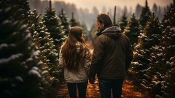 jovem romântico casal caminhando para escolher uma Natal árvore às a Fazenda. generativo ai. foto