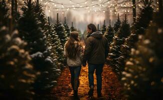 jovem romântico casal caminhando para escolher uma Natal árvore às a Fazenda. generativo ai. foto