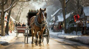 cavalo puxar uma feriado decorado transporte através a Natal Vila. generativo ai. foto