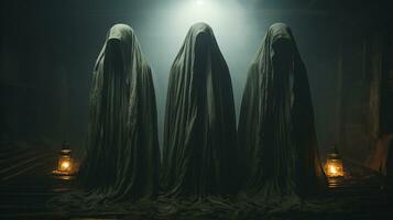 três misterioso humano figuras vestindo seda folhas sobre seus cabeças Próximo para lanternas lado de fora dentro a noite névoa - generativo ai. foto