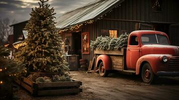 vintage pegar caminhão carregando uma Natal árvore estacionado lado de fora festivamente decorado celeiro fazer compras. generativo ai. foto