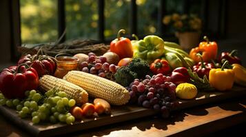 coleção do delicioso maduro cabaças, frutas e legumes em a mesa - generativo ai. foto