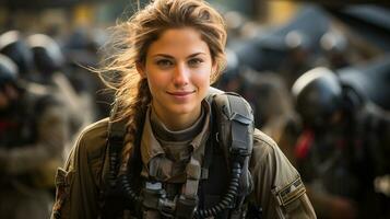 fêmea lutador piloto soldado em pé lado de fora dela lutador jato - generativo ai. foto
