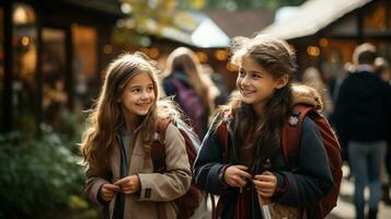 dois jovem aluna amigas vestindo mochilas rindo enquanto caminhando para escola - generativo ai. foto