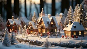 miniatura feriado Natal decorado Cidade e Nevado Vila cena. generativo ai. foto