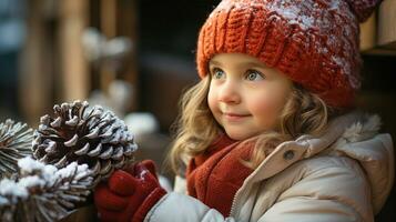 fofa jovem menina vestido para uma Nevado Natal encontro pinho cones. generativo ai. foto