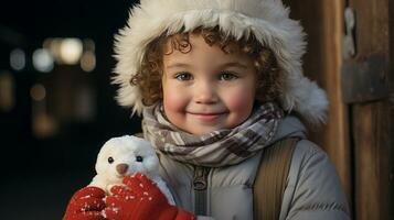 fofa jovem criança pequena menina vestido para uma Nevado Natal segurando dela Urso de pelúcia urso. generativo ai. foto