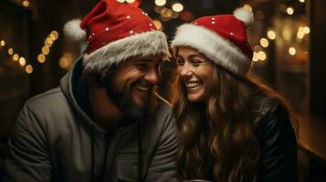 festivo jovem casal vestindo santa chapéus rindo juntos dentro a Nevado tarde. generativo ai. foto