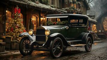 clássico vintage carro estacionado lado de fora a festivamente Natal decorado lojas. generativo ai. foto