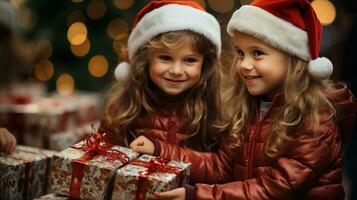 dois fofa crianças esperando para desembrulhar seus Natal presentes em Natal manhã. generativo ai. foto