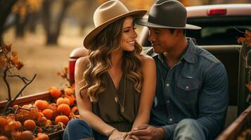 jovem romântico multiétnico adulto casal vestindo vaqueiro chapéus relaxante dentro a costas do uma caminhão desfrutando a outono país atmosfera - generativo ai. foto