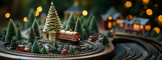 modelo miniatura trollador trem conjunto e Nevado Natal decorado Cidade contexto. generativo ai. foto