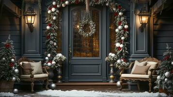 lindo Natal decorado frente porta e varanda do uma casa em uma inverno tarde. generativo ai. foto