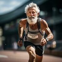 envelhecido atleta corrida em uma rastrear com determinação foto