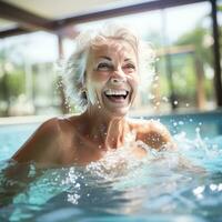 envelhecido mulher natação voltas dentro uma piscina com graça foto