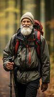 Mais velho homem caminhada dentro natureza com uma caminhando bastão foto