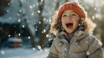 fofa criança pequena jogando bolas de neve às pais com alegria foto