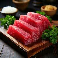 atum. rosa-avermelhado carne, ideal para Sushi e grelhar foto