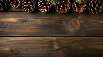 rústico madeira e pinho cones - aconchegante, natural, e festivo com cópia de espaço foto