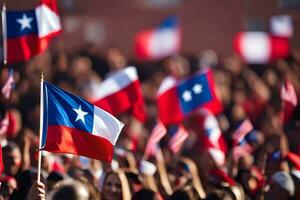 uma multidão do pessoas acenando chileno bandeiras. gerado por IA foto