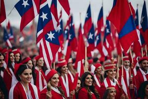 uma grupo do pessoas dentro vermelho e branco uniformes segurando bandeiras. gerado por IA foto