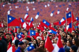 pessoas onda bandeiras durante uma comício dentro Chile. gerado por IA foto