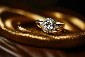 dourado Casamento argolas em uma ouro pano. gerado por IA foto