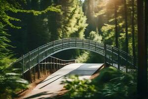 uma ponte dentro a floresta com a Sol brilhando através a árvores gerado por IA foto