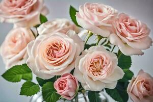 Rosa rosas dentro uma Claro vaso em uma branco fundo. gerado por IA foto